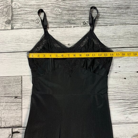 Vintage Babydoll Slip Dress Black Satin Sheer Lace Trim Ruffle Nightgown - Picture 8 of 13